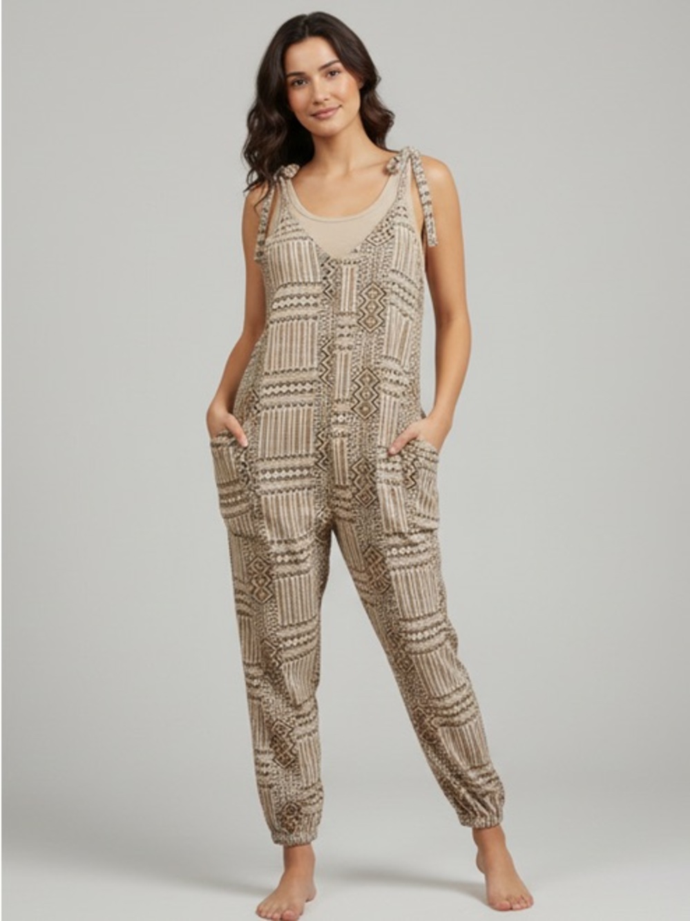 TULUM DRIFT TRIBAL PRINT SHOULDER TIE POCKETS JUMPSUIT